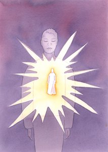 Genom den helige Ande är Kristus närvarande i den döptes själ, lyser ut sin kärlek och visdom, strålar ut själen med gudomlig glädje och godhet., 2004 (w/c på papper) av Elizabeth Wang