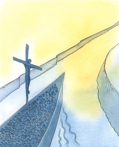 Med kraften av Kristi offer, under den heliga mässan, tränger Kristus igenom himlen och för oss alla närmare Fadern - precis som när ett stort skepp går in i en mynning för att föra hem sin dyrbara last., av Elizabeth Wang