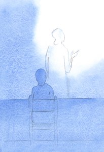 Kristus - hans rygg mot mig - vänder sig mot Fadern och ber vår tacksägelse och nåd före måltiderna, 2001 (w/c på papper) av Elizabeth Wang