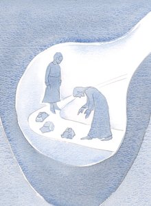 Kristus själv, i sin ödmjukhet, böjer sig för att hjälpa oss, om och om igen; korrigera våra misstag - vårt "skräp", 2000 (w/c på papper) av Elizabeth Wang