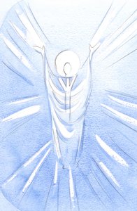 Kristus, uppstånden och härlig, är verkligen närvarande i det heliga sakramentet. Klädd som präst ber han till Fadern för våra vägnar, 2001 (w/c på papper) av Elizabeth Wang
