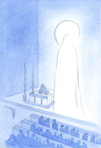 Kristus och hans heliga moder lever, i himlen nu, härliga. Att bli glorifierad är att vara majestätisk och perfekt på alla sätt, 2001 (w/c på papper) av Elizabeth Wang
