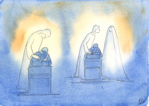 Kristus och hans mor är nöjda när vi vänder oss till dem med ett barns enkelhet och tillit, 2003 (w/c på papper) av Elizabeth Wang