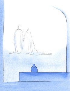 Kristus och Vår Fru stod mig väldigt nära och erbjöd tröst efter att jag hade kämpat med lite speciellt arbete och många problem, 2002 (w/c på papper) av Elizabeth Wang