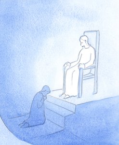 Kristus visade sig som en kung och tillät mig att sitta vid hans fötter som en ångerfull, 2000 (w/c på papper) av Elizabeth Wang