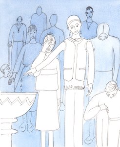 Kristus ber oss att göra en grundläggande omvärdering av våra nuvarande attityder och handlingar som har att göra med vördnad för honom, 2004 (w/c på papper) av Elizabeth Wang