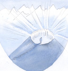Kristus förde min själ till en bergstopp och till sitt heliga sällskap; hur många kompromisser och misslyckanden (jag lärde mig) hade förlängt min resa., 2001 (w/c på papper) av Elizabeth Wang