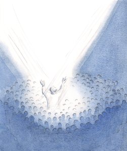 Kristus är närvarande här med oss vid mässan, verkligen mänsklig, från vår mitt och frambär sitt sublima offer för sina bröders och systras vägnar., 2001 (w/c på papper) av Elizabeth Wang