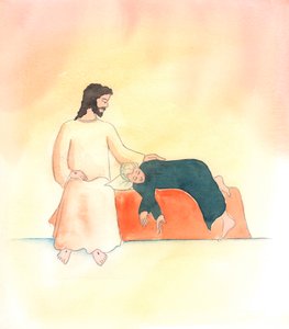 Kristus är nära sina vänner, under alla omständigheter, 2000 (w/c på papper) av Elizabeth Wang
