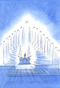 Kristus är närvarande med sina heliga änglar vid vår novena och välsignelse; och Our Lady njuter av vår ogenerade tillgivenhet, 2002 (w/c på papper) av Elizabeth Wang