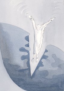 Kristus hoppar kärleksfullt in i våra hjärtans fruktansvärda mörka djup., 2001 (w/c på papper) av Elizabeth Wang
