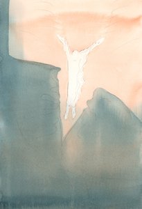 Kristus hoppar kärleksfullt in i våra hjärtans fruktansvärda mörka djup., 2001 (w/c på papper) av Elizabeth Wang