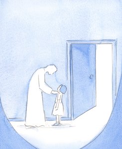 Kristus, som en äldre bror eller vän, njuter av våra ansträngningar att vara redo för firandet av mässan, 2002 (w/c på papper) av Elizabeth Wang
