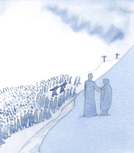 Kristus ser ömt på vår hågkomst av hans heliga lidande. Han älskar vår hängivenhet och ser hur vi går framåt i ödmjukhet., 2000 (w/c på papper) av Elizabeth Wang