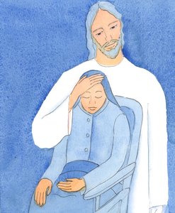 Kristus ger tröst åt alla; men om vi vägrar att närma oss honom kan vi inte ta emot hans hjälp, 2004 (w/c på papper) av Elizabeth Wang