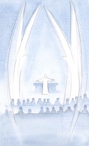 Kristus, vår uppståndne Herre, var närvarande är vi, i sin härlighet och kraft, bevakad av sina heliga änglar, 2000 (w/c på papper) av Elizabeth Wang