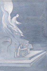 Kristus "återförenar sig" med sina vänner, varje gång som den heliga kyrkan kallar honom till mässan, genom det högtidliga framträdandet av hans egna ord., 2001 (w/c på papper) av Elizabeth Wang