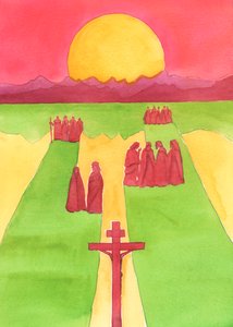 Kristus såg, från korset, en skara åskådare: de förbryllade, de nyfikna, de fientliga och de sympatiska, 2003 (w/c på papper) av Elizabeth Wang