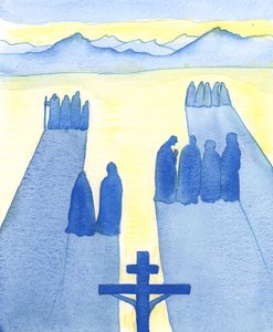 Kristus såg, från korset, en skara åskådare: de förbryllade, de nyfikna, de fientliga och de sympatiska, 2003 (w/c på papper) av Elizabeth Wang