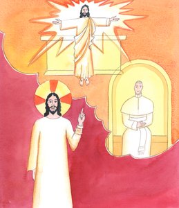Kristus ser hur svårt det kan vara att hitta en bra katekes för en frågeställare, i en tid då många oliktänkande i kyrkan erbjuder sina egna versioner av den katolska tron, 2001 (w/c på papper) av Elizabeth Wang