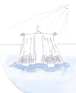 Kristus skyddar och agerar för alla som har gömt sig under hans kläder; Han är som ett tält eller tabernakel, i livets öken., 2001 (w/c på papper) av Elizabeth Wang