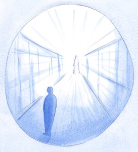 Kristus visade mig en väg som leder mot honom och förklarade hur jag - av min egen vilja - blir distraherad från det viktiga målet., 2001 (w/c på papper) av Elizabeth Wang