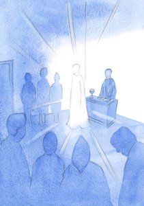 Kristus visade mig hur få som säger "välkommen" med någon sanning. Hur få, i nattvarden, uppenbarar sina hjärtan för honom., 2001 (w/c på papper) av Elizabeth Wang