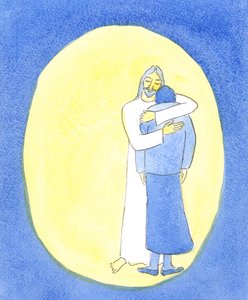 Kristus visade mig i nattvarden att han kramade mig, som man kramar ett barn för att trösta henne, för att hjälpa mig igenom mina svårigheter., 2004 (w/c på papper) av Elizabeth Wang