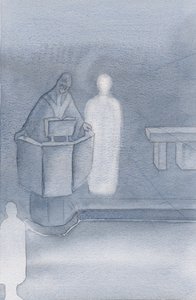 Kristus stod bredvid prästen som läste det heliga evangeliet för oss alla, vilket var Kristi eget ord., 2000 (w/c på papper) av Elizabeth Wang