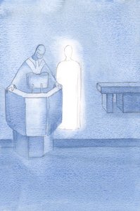 Kristus stod bredvid prästen som läste det heliga evangeliet för oss alla, vilket var Kristi eget ord., 2000 (w/c på papper) av Elizabeth Wang
