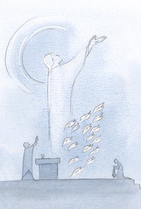 Kristus stod i helgedomen, hans ögon lyfts mot himlen, offerlågor nära hans kläder, 2000 (w/c på papper) av Elizabeth Wang