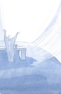 Kristus uppehåller sin heliga kyrka i varje ögonblick av hennes liv, med armarna utsträckta när han frambär sitt heliga offer., 2001 (w/c på papper) av Elizabeth Wang