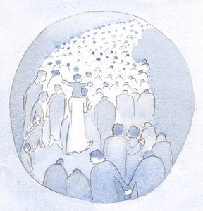 Kristus vandrade mitt bland sitt folk, ett barn på sina axlar, med pilgrimer och sjuka., 2001 (w/c på papper) av Elizabeth Wang