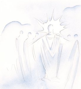 Kristus, som är dörren, leder oss fram och tillbaka i himmelskt sällskap, 2000 (w/c på papper) av Elizabeth Wang