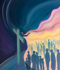 Kristi gudomliga medkänsla från korset döljer hela mänsklighetens synder, 2001 (olja ombord) av Elizabeth Wang