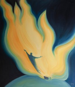 Kristi kärlek till Fadern är som en eld som möter eld, i vilken vi delar och blir renade, 2001 (olja ombord) av Elizabeth Wang