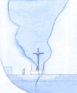 Under den heliga mässan var det som om en spricka dök upp över helgedomen, genom vilken jag såg Kristus på korset, 2002 (w/c på papper) av Elizabeth Wang