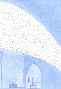 Under det heliga offret tittar tusentals lysande, heliga ansikten nedåt på vårt firande, 2002 (w/c på papper) av Elizabeth Wang