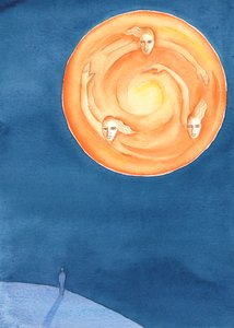 Varje person på jorden, ärrad av arvsynden, är inbjuden att dela livet för de tre gudomliga personerna, en gud, som lever i oändlig glädje och strålglans, 2003 (w/c på papper) av Elizabeth Wang