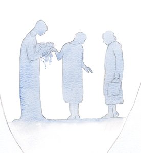 Varje gång vi ber Kristus att belöna en vänlig nästa, ger han underbara gåvor till den personen genom vår bön., 2000 (w/c på papper) av Elizabeth Wang