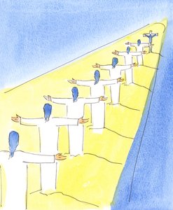 Ända sedan den tid då Kristus erbjöd sitt liv för syndare, på Golgata, och bad om att vi skulle bli förlåtna, 2004 (w/c på papper) av Elizabeth Wang