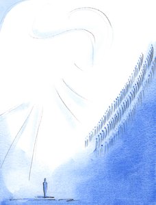 Varje gång vi ber den "Helige, Helige, Helige Herre" förenar vi våra röster med de heliga och änglarna som erbjuder samma lovsång i himlen, 2003 (w/c på papper) av Elizabeth Wang