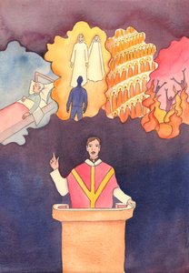 Få människor är modiga nog att tala om de "fyra sista sakerna" - Death, Judgement, Heaven and Hell, 2004 (w/c på papper) av Elizabeth Wang