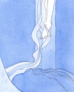 Från hans fötter hälldes Kristi dyrbara blod nedåt för att spridas över jorden. Genom det blodet har mina synder blivit förlåtna., 2001 (w/c på papper) av Elizabeth Wang