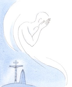Gud "tycker inte om" att se oss lida, precis som Gud Fader inte tyckte om att se sin son lida på jorden, 2004 (akvarell på papper) av Elizabeth Wang