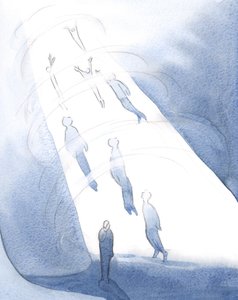 Gud drar in i sin salighet efter döden de som kan bära härlighetens ljus, medan de som fortfarande är förtärda av skam väntar nedanför., 2001 (w/c på papper) av Elizabeth Wang