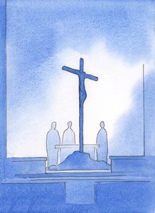 Gud visade mig att våra tre präster som offrade det heliga offret stod runt korset som Kristus dog på, 2002 (w/c på papper) av Elizabeth Wang