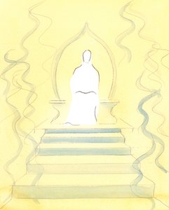 Gud Fadern bor i himlen mitt bland härlighetens eld som Han är; och det är inför Hans tron som själar ställs för dom, 2004 (w/c på papper) av Elizabeth Wang