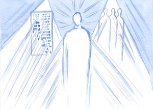 Gud, källan till allt ljus och visdom, ger oss näring genom ord och genom lärare; men i nattvarden möter vi den gudomliga sonen, hela personen, 2001 (w/c på papper) av Elizabeth Wang