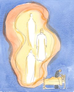 Guds gåva till de sjuka är Jesus Kristus själv, med Fadern och den Helige Ande, En Gud - på jobbet i detta sakrament, 2004 (w/c på papper) av Elizabeth Wang